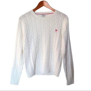 Lilly Pulitzer White Cable Knit Cotton Sweater L Large Embroidery Palm